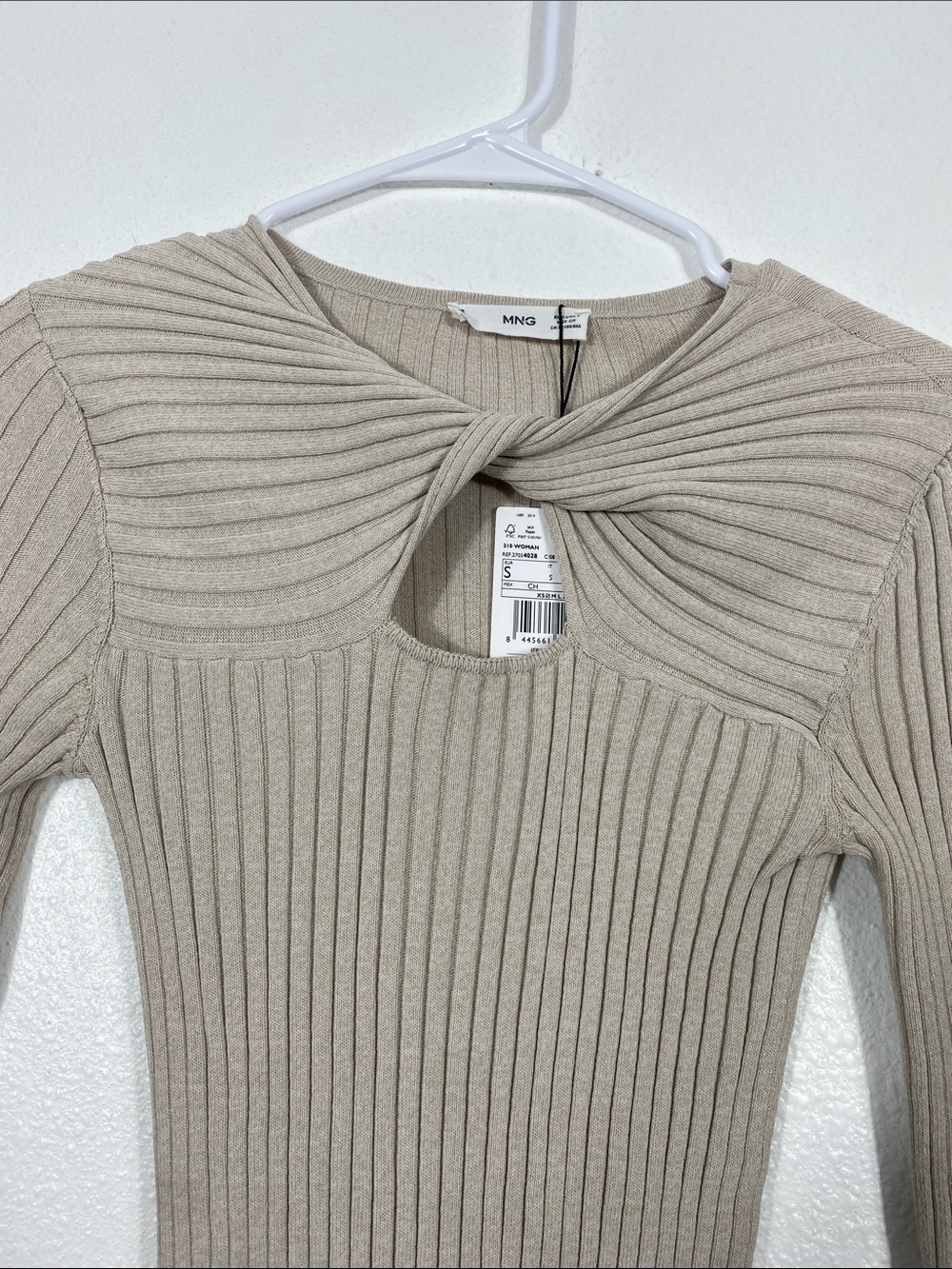 Mango Cream Ribbed Twist Keyhole Long Sleeve Top Size S Shell Viscose - Picture 5 of 11